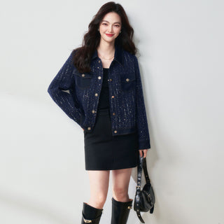Blues Night Fashionable Denim Patchwork Navy Flower Yarn Sequined Small Fragrance Style Lapel Jacket