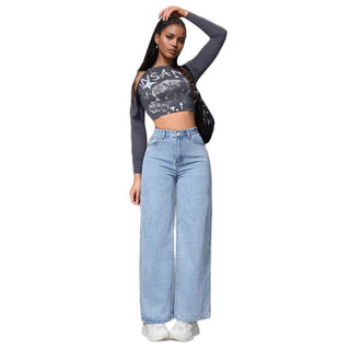 Spring New Style Light-Colored Washed Loose Slimming Look Floor-Length Denim Jeans