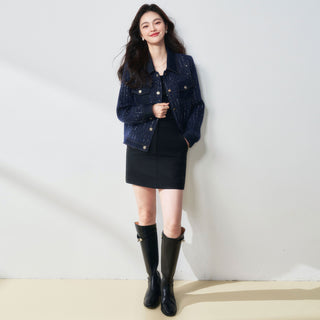 Blues Night Fashionable Denim Patchwork Navy Flower Yarn Sequined Small Fragrance Style Lapel Jacket