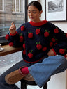 Knitted Rose Sweater - Blue and Red