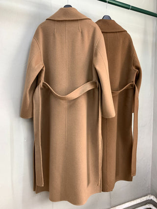 Homy's Long Cashmere Color Scarf Style Double-Sided Wool Coat
