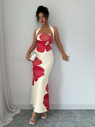 Halter Neck Backless Long Bodycon Printed Dress