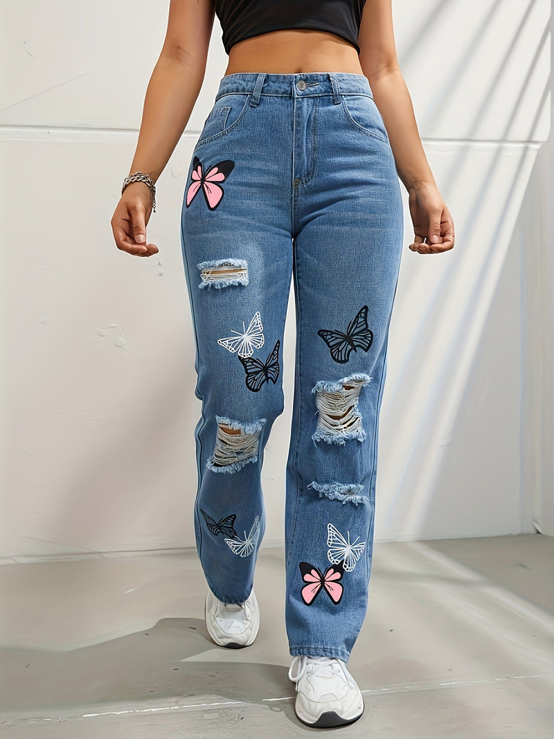 Butterfly Print Ripped Denim Straight High Waist Denim Trousers.