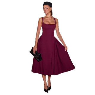Solid Color Strap Square Collar Backless Zipper Dress