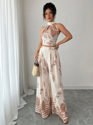 Halter Neck Tank Top Wide-Leg Pants Printed Set