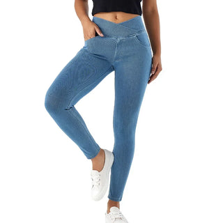 Homy Women Cross Waist Yoga Jeans with pockets