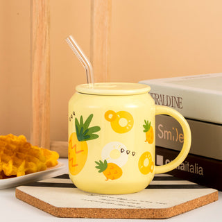 Retro Blossom Ceramic Mug with Lid & Glass Straw  Cute Floral Coffee Cup
