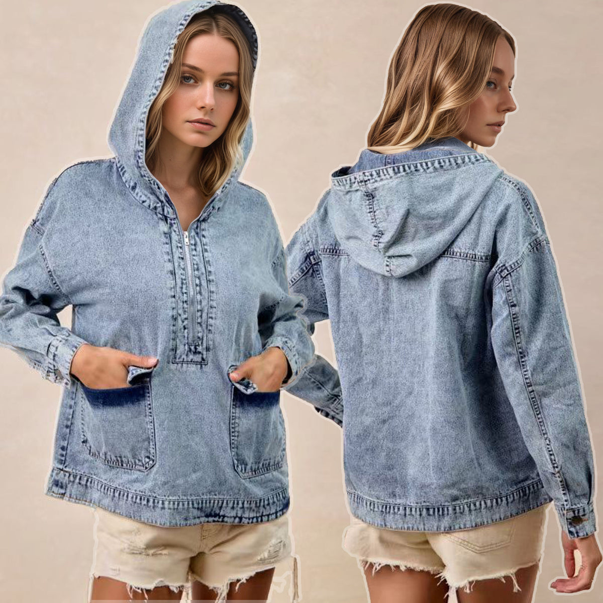 Round Neck Hoodie style Long-Sleeved Casual Denim Jacket