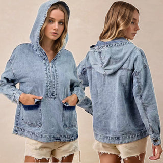 Round Neck Hoodie style Long-Sleeved Casual Denim Jacket