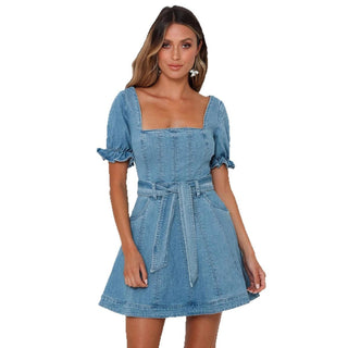 Square Collar Lace-up Waist mini Denim dress