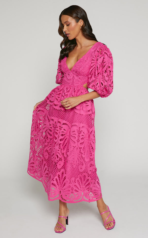 Cut Out Long Skirt V Neck knitted Lace Embroidery Dress in rose red