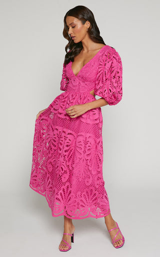 Cut Out Long Skirt V Neck knitted Lace Embroidery Dress in Black