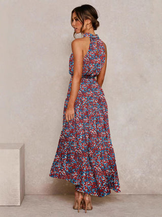 2025 Women's Dress New Hanging Neck Wave Printing Lace-up Dress