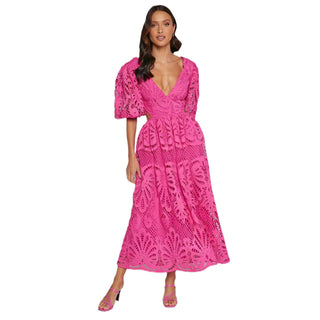 Light Blue Cut Out Long Skirt V Neck knitted Lace Embroidery Dress