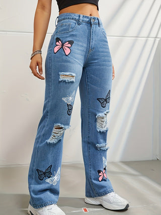 Butterfly Print Ripped Denim Straight High Waist Denim Trousers - Hstrends