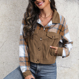 Corduroy Plaid Top Retro Lapel Splicing Cardigan Jacket - Hstrends