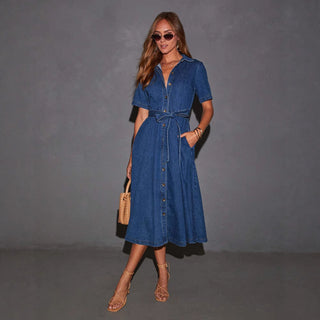 New Retro V Neck Strappy midi Denim Dress