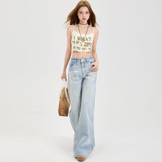 American Retro Loose Flared Pants With Drape, Versatile Spring New Floor-Length Jeans, Light Blue Long Pants, Light Blue Extended Length