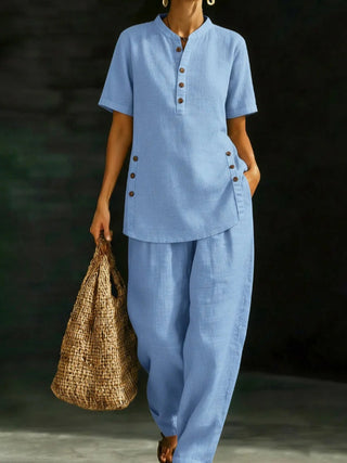 Casual Button-Up Shirt And Wide-Leg Pants Two-Piece Linen  Set
