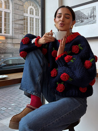 Sweet Knitted Three-Dimensional Rose Loose Pullover cardigan