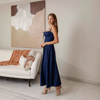 Navy Blue Backless and Sleeveless midi Denim Dress