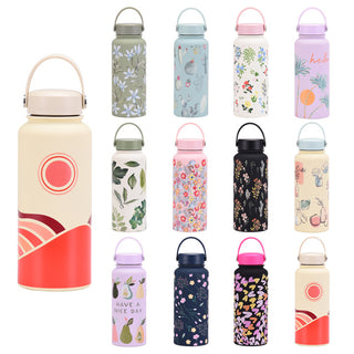1L Insulated Cup Large Capacity Wide Mouth Portable Vacuum Sports Water Bottle Outdoor Printed Water Cup For Women