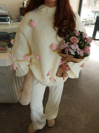 Sweet Knitted Three-Dimensional Rose Loose Pullover cardigan