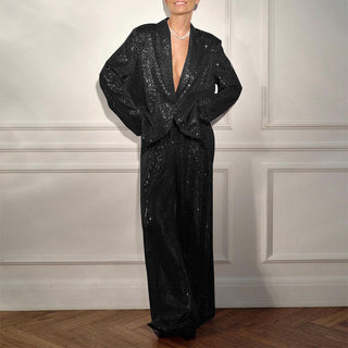 European And American Fashion Women's Sequin Suit Jacket Casual Trousers Suit Elegant All-match Beaded Top Wide-leg Pants For Women