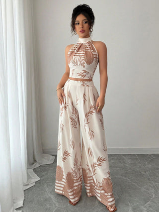 Halter Neck Tank Top Wide-Leg Pants Printed Set