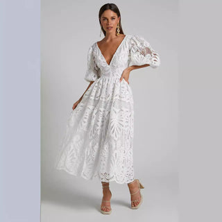 White Cut Out Long Skirt V Neck knitted Lace Embroidery Dress