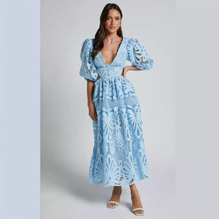 Cut Out Long Skirt V Neck knitted Lace Embroidery Dress