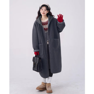 Homy's Artistic Lazy Style Mid-Length Hooded Lamb Wool Coat