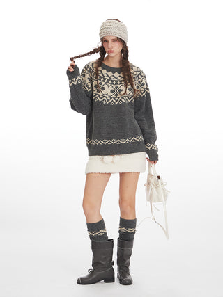 Fair Isle Retro Soft Waxy Round Neck pullover top Unisex