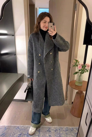 Stand-Up Collar Double-Breasted Asymmetrical Long Loose K-Style Cashmere Coat