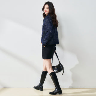 Blues Night Fashionable Denim Patchwork Navy Flower Yarn Sequined Small Fragrance Style Lapel Jacket