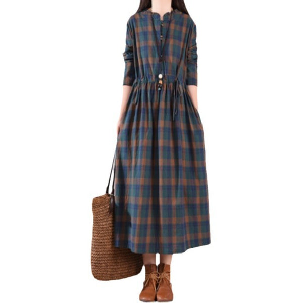Loose Waist Slimming Look Lace-Up Mid-Length Plaid Dress