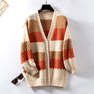 Casual Loose Lantern Sleeve Cross-border Drizzle Color Stripe Cardigan