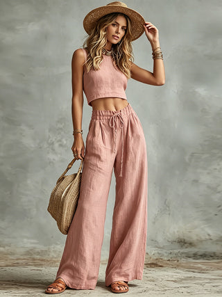 Short Linen Vest + Drawstring High-waisted Wide-leg Linen Pants Two-piece Set