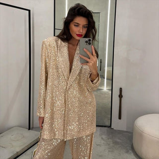 European And American Fashion Women's Sequin Suit Jacket Casual Trousers Suit Elegant All-match Beaded Top Wide-leg Pants For Women