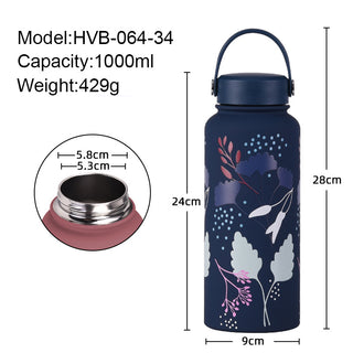 1L Insulated Cup Large Capacity Wide Mouth Portable Vacuum Sports Water Bottle Outdoor Printed Water Cup For Women