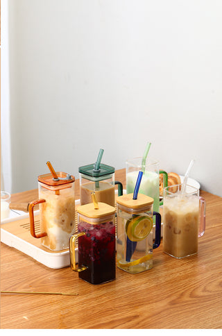 Square Glass Cup With Color Handle lid and straw