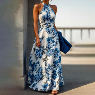 Halterneck Printed High Waist Slim Sleeveless maxi Dress