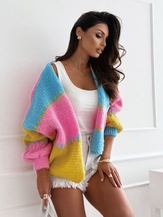 Color-Blocked Short Patchwork Knitted Cardigan , Blue, Pink, And Yellow
