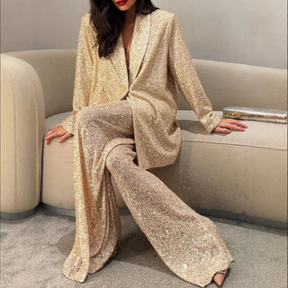 European And American Fashion Women's Sequin Suit Jacket Casual Trousers Suit Elegant All-match Beaded Top Wide-leg Pants For Women