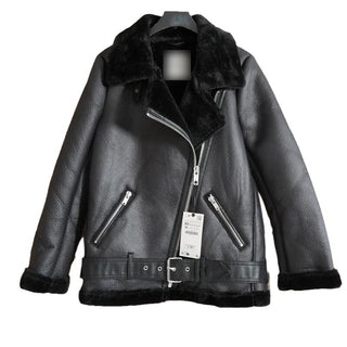 Women Black Faux Fur Motorcycle Jacket