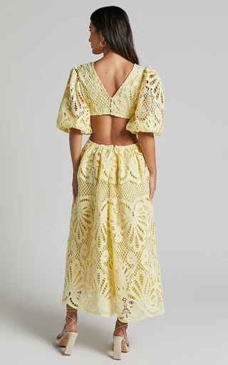 Cut Out Long Skirt V Neck knitted Lace Embroidery Dress in Black