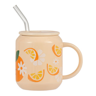Retro Blossom Ceramic Mug with Lid & Glass Straw  Cute Floral Coffee Cup