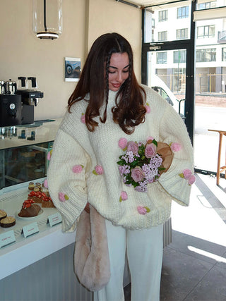 Sweet Knitted Three-Dimensional Rose Loose Pullover cardigan