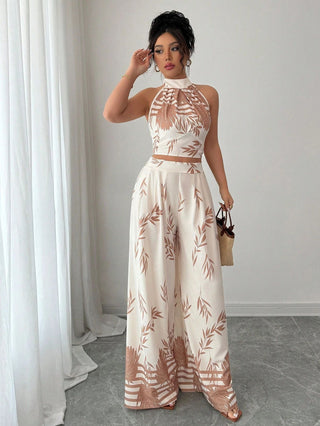 Halter Neck Tank Top Wide-Leg Pants Printed Set