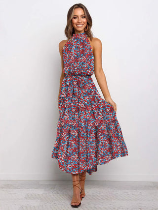 2025 Women's Dress New Hanging Neck Wave Printing Lace-up Dress